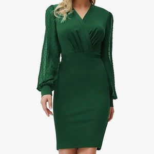 Women's Pencil Work Dresses Long Sleeve Wrap V Neck Bodycon Business Dress